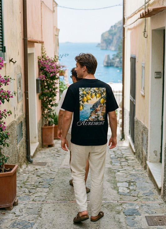 Lemon Coastal Village Auremont T-shirt | Mediterranean Seaside Art